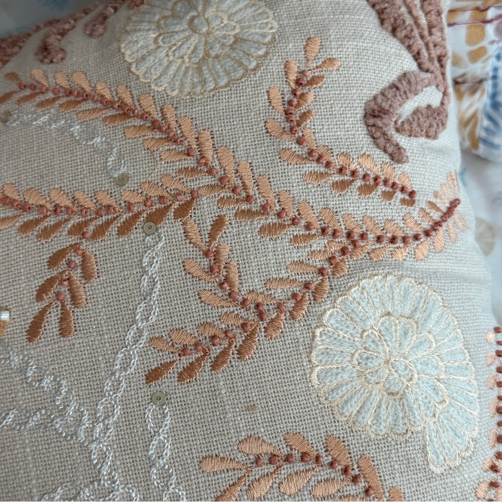 NEW Large Coastal Hand Embroidered w beads & Sequins Lumbar Pillow Beach Boho - Picture 11 of 17